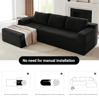 97" Cloud Couch Sectional, L Shaped Boneless Couch Sectional Couches for Living Room, Modern Comfy Corduroy Fluffy Modular Sofa with Deep Seat, No Assembly (Black, Left Facing Chaise)