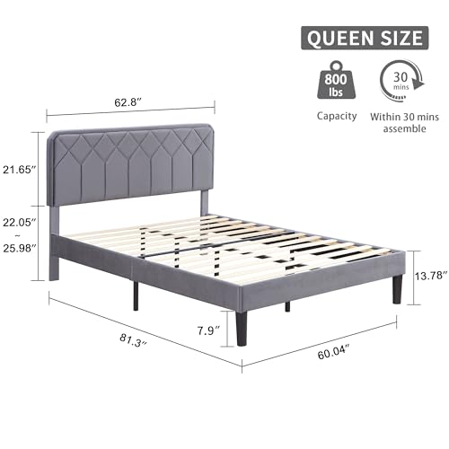 Queen Size Bed Frame, Velvet Upholstered Platform with Adjustable Headboard, view 3