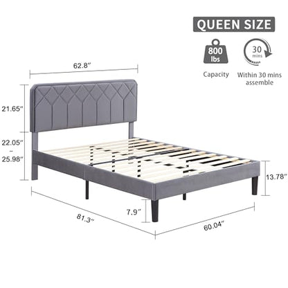 Queen Size Bed Frame, Velvet Upholstered Platform with Adjustable Headboard, view 3