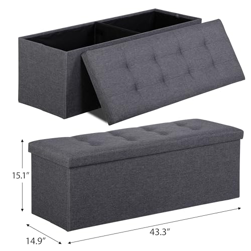 43 Inches Folding Storage Ottoman Bench, Ottoman Foot Rest, Storage Chest, 660 lbs Load Capacity, End of Bed Bench with Divider for Living Room, Bedroom, Entryway, Linen Fabric, Dark Grey