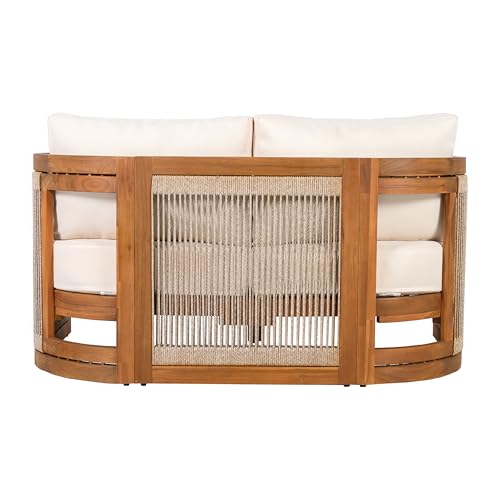 Nesbit 8-Seater Patio Furniture Set with Removable Cushion, 8 Piece Outdoor Acacia Wood Conversation Set, Wooden Outdoor Sectional Sofa Set with Coffee Table, Beige