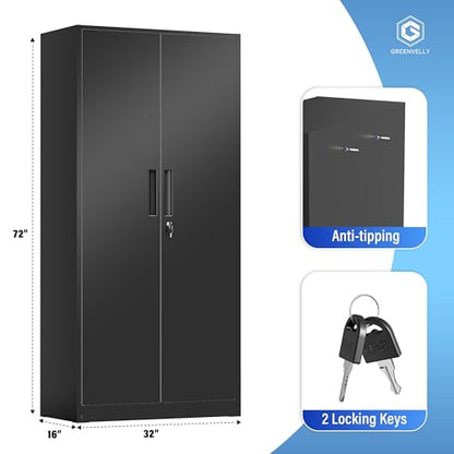 Metal Cabinet, 72" Black Locking Metal Storage Cabinet with 2 Doors and 4 Adjustable Shelves, Lockable Garage Storage Cabinets for Home Office, Garage, Kitchen, Living Room