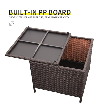 Outdoor Wicker Storage Side Table, Patio Brown PE Rattan End Table with Storage, Square Container for Furniture Covers, Toys, and Gardening Tools
