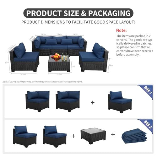 Patio Sectional 6 Pieces All-Weather Wicker Patio Furniture Set Outdoor Sectional with Glass Table Non-Slip Cushions and Waterproof Cover, Navy Blue