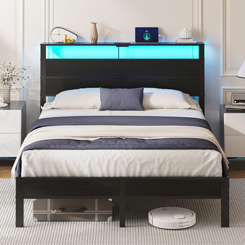 Queen Size Bed Frame with LED Lights and Charging Station Headboard, view 2