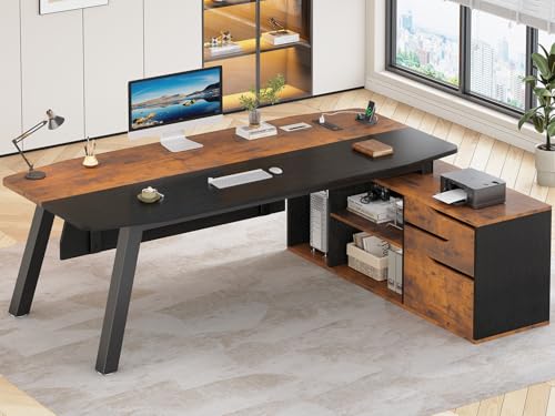 71" L Shaped Executive Desk with File Cabinet & Power Outlet, view 2