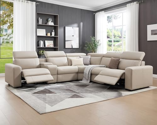 Power Recliner Sectional Sofa with Storage/USB Port, Leather Recliner Sofa with Adjustable Headrest, Reclining Sectional Couches with Console and Cup Holder for Living Room (Beige Brown)