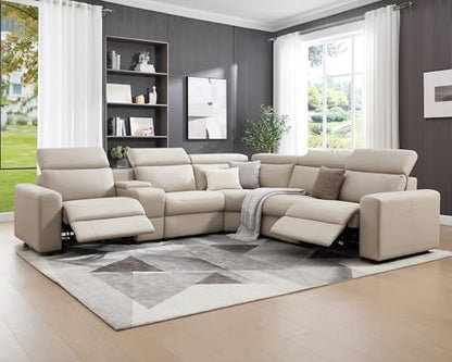Power Recliner Sectional Sofa with Storage/USB Port, Leather Recliner Sofa with Adjustable Headrest, Reclining Sectional Couches with Console and Cup Holder for Living Room (Beige Brown)