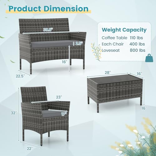 4-Piece Patio Furniture Set - Rattan Outdoor Conversation Bistro Set w/Cushions, Glass Coffee Table, Wicker Chairs & Loveseat for Garden Backyard Porch, Balcony Furniture Set (1, Mix Grey)