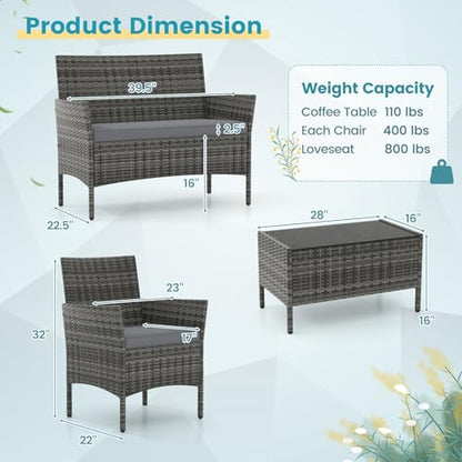 4-Piece Patio Furniture Set - Rattan Outdoor Conversation Bistro Set w/Cushions, Glass Coffee Table, Wicker Chairs & Loveseat for Garden Backyard Porch, Balcony Furniture Set (1, Mix Grey)