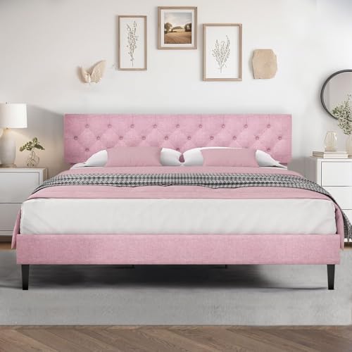 King Size Bed Frame, Linen Fabric Upholstered Bed Frame King Size with Headboard, view 2