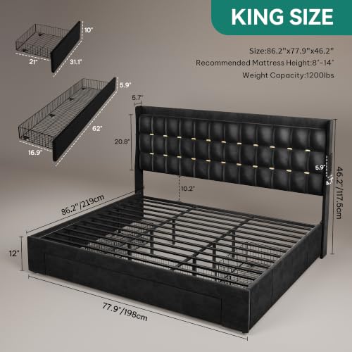 King Size Bed Frame with 3 Storage Drawers and RGB LED Lights, view 3