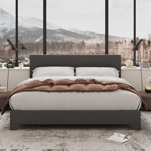 Queen Size Upholstered Bed Frame Adjustable Headboard, Dark Grey, view 5