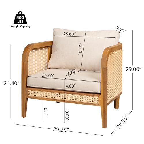 Set of 2 Tilden Bohemian Acacia Wood Patio Accent Chairs, Wicker Lounge Chair Outdoor, Patio Furniture Single Sofa with Cushion, Comfy Garden Reading Chair, Teak+Beige