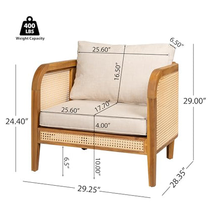 Set of 2 Tilden Bohemian Acacia Wood Patio Accent Chairs, Wicker Lounge Chair Outdoor, Patio Furniture Single Sofa with Cushion, Comfy Garden Reading Chair, Teak+Beige