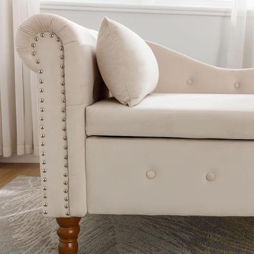 Beige Velvet Chaise Lounger with Storage for Bedroom & Living Room, view 4