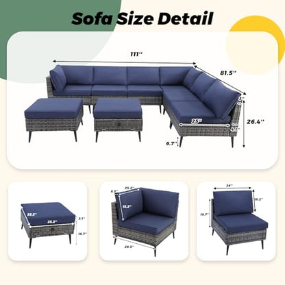 8 Pieces Outdoor Patio Furniture Set, Wicker Sectional Sofa Set for All-Weather, Rattan Conversation Sets with Cushions and Storage for Deck, Backyard, Porch (Grey)
