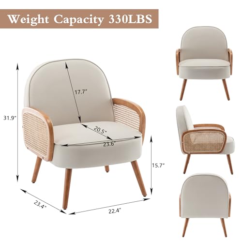 Mid Century Modern Accent Chair Armchair with Rattan Arms Upholstered Rattan Boho Accent Chair for Living Room Bedroom Balcony Faux Leather Reading Chairs Side Club Chair Beige