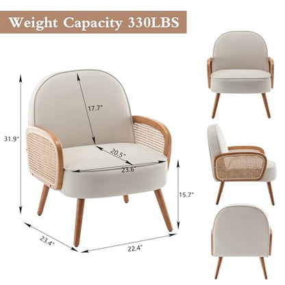 Mid Century Modern Accent Chair Armchair with Rattan Arms Upholstered Rattan Boho Accent Chair for Living Room Bedroom Balcony Faux Leather Reading Chairs Side Club Chair Beige