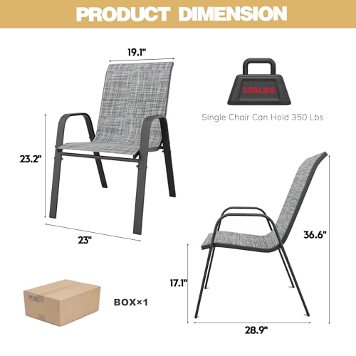 Patio Dining Chairs Set of 4 Outdoor Stackable Dining Chairs for All Weather 350lbs Capacity Heavy Duty Textilene Fabric Rustproof Metal Frame Patio Furniture for Backyard Garden Poolside (Grey)