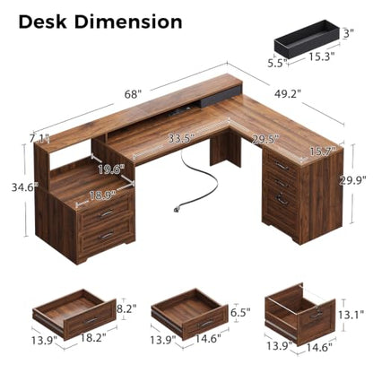 Farmhouse 68 Inch L Shaped Executive Desk with Drawers, Walnut, view 3