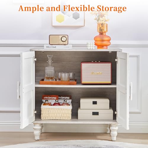 White Distressed Carved Accent Cabinet,2 Door Vintage Storage Sideboard, view 6