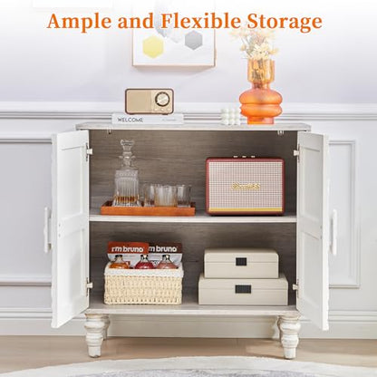 White Distressed Carved Accent Cabinet,2 Door Vintage Storage Sideboard, view 6