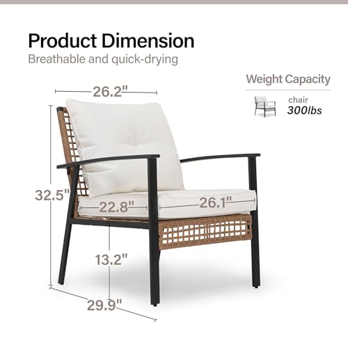Outdoor Rattan Bistro Set, Patio Furniture Wicker Chairs Set of 2 with Deep Seating and Thick Cushions, Oversize Conversation Set for Garden, Balcony and Backyard (Beige)
