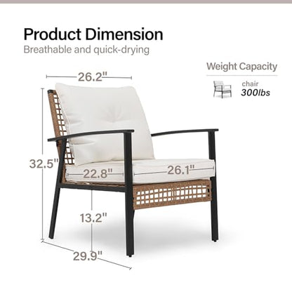 Outdoor Rattan Bistro Set, Patio Furniture Wicker Chairs Set of 2 with Deep Seating and Thick Cushions, Oversize Conversation Set for Garden, Balcony and Backyard (Beige)