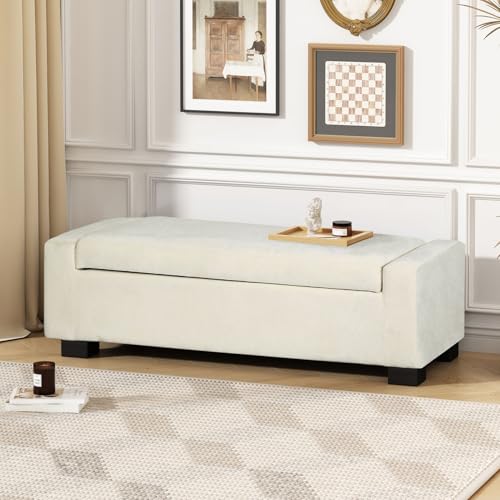50" Ottoman Bench with Storage, Upholstered Seating Foot Rest Stool Furniture for Bedroom, Living Room, Entryway, White