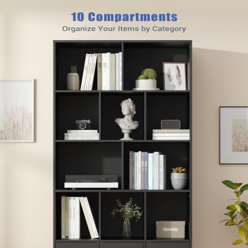 Modern Black 4-tier bookshelf with open shelves and doors, view 6