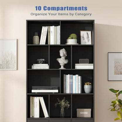 Modern Black 4-tier bookshelf with open shelves and doors, view 6