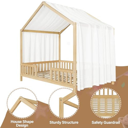 Full Montessori House Bed with High Rails & Canopy for Kids, Natural, view 6