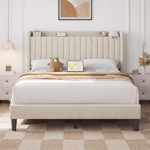 Yaheetech Queen Bed Frame with Channel-Tufted Storage Headboard, Beige, view 2