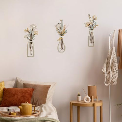 3 Pieces Metal Flowers Wall Art- Rustic Farmhouse Decor Minimalist Decor for Living Room Bathroom Bedroom Dining Room, Housewarming Gifts Christmas Decoration(Beige, Vase-C)