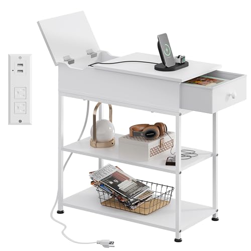 3-Tier Narrow Side Table with Charging Station, Couch Side Table for Living Room, Narrow End Table for Bedroom with Fabric Drawer, USB Ports and Power Outlets, Samll Nightstand Bedside Tables