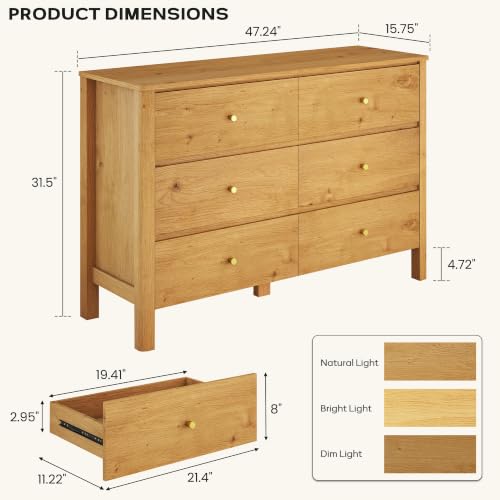 47" Wide 6 Drawer Dresser for Bedroom, Honey Oak, view 3
