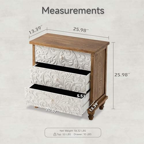 3 Drawer Farmhouse Dresser with Embossed Weathered Flower Motif, Vintage Nightstand for Bedroom, Almost Fully-Assembled, Boho, Natural Wood, White