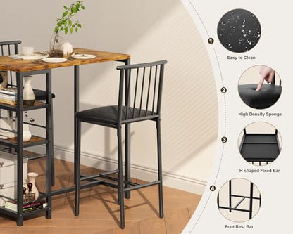 Dining Table Set for 2 with 3 Storage Shelves, Kitchen Table and Chairs for 2 with Pu Cushion Chairs & Thick Wood Top, 3 Piece Dining Table Set for Small Space, Apartment - Retro