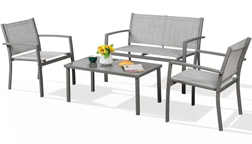 4 Pieces Patio Furniture Set All Weather Textile Fabric Outdoor Conversation Set, with Glass Coffee Table, Loveseat, 2 Single Chairs for Home, Garden, Lawn, Porch（Silver）