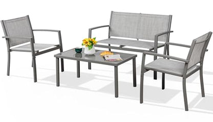 4 Pieces Patio Furniture Set All Weather Textile Fabric Outdoor Conversation Set, with Glass Coffee Table, Loveseat, 2 Single Chairs for Home, Garden, Lawn, Porch（Silver）
