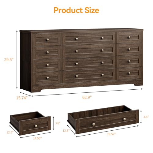 12 Drawer Wooden Dressers for Bedroom, Farmhouse Brown Wood Dresser, view 4