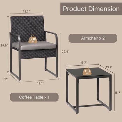 3 Piece Patio Bistro Set, Outdoor Black Wicker Furniture Sets, Modern Rattan Chair Conversation Sets with Coffee Table, for Yard, Garden, Balcony, Poolside, Cushion-Grey