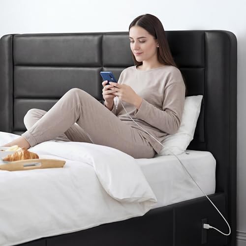 King Upholstered Bed Frame with Storage & Charging, view 7