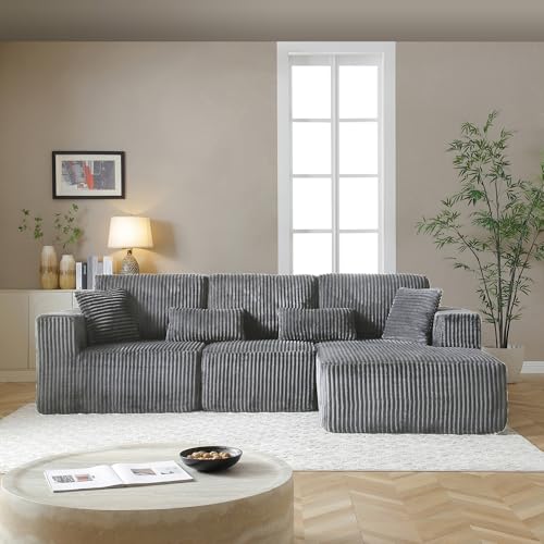 109" Modular L-Shaped Corner Cloud Sofa Corduroy Modular Couches with Deep Seat, 3 Pieces Compressed Boneless Sofa W/Right Chaise Lounge and 4 Pillows for Living Room