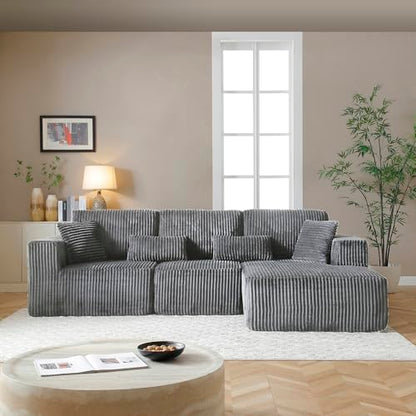 109" Modular L-Shaped Corner Cloud Sofa Corduroy Modular Couches with Deep Seat, 3 Pieces Compressed Boneless Sofa W/Right Chaise Lounge and 4 Pillows for Living Room