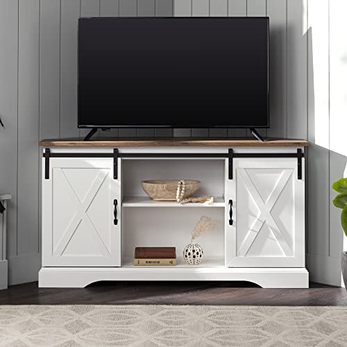 Everette Modern Farmhouse Double Sliding X Barn Door TV Stand for TVs up to 58 Inches 52 Inch Reclaimed Barnwood and Solid White