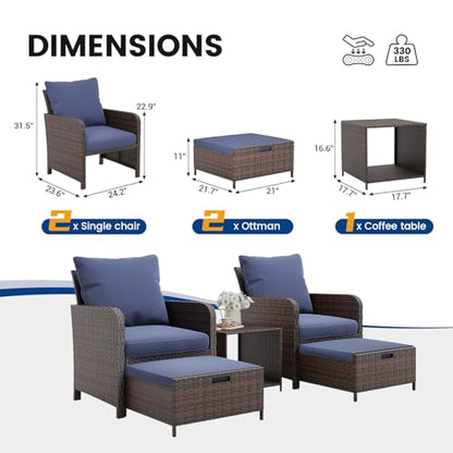 Balcony Furniture Patio Chairs with Hidden Ottoman 5 Piece Patio Furniture Set with Side Table for Front Porch, Blue Cushion