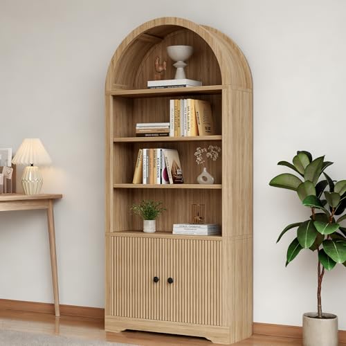 70" Modern Tall Arched Bookshelf, 2 Doors 6 Tiers Arch Cabinets with Storage, view 5