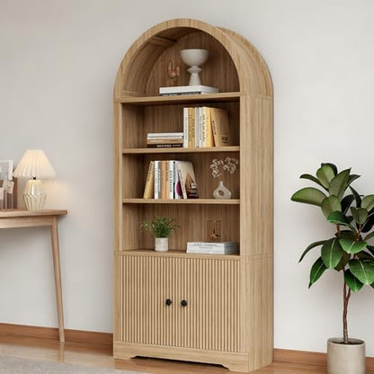 70" Modern Tall Arched Bookshelf, 2 Doors 6 Tiers Arch Cabinets with Storage, view 5